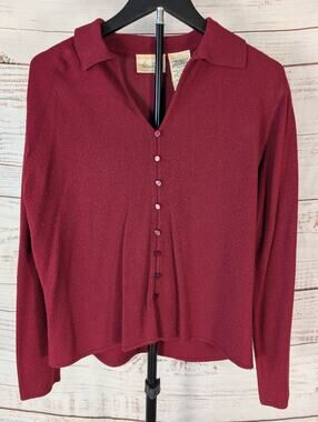 Vintage Kathie Lee Knit Top Large Wine Burgundy Collared Button 90s Whimsigoth